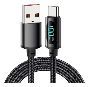 Cable Tipo C / Usb Carga Ultra Rápida Display 1 Año Color Negro