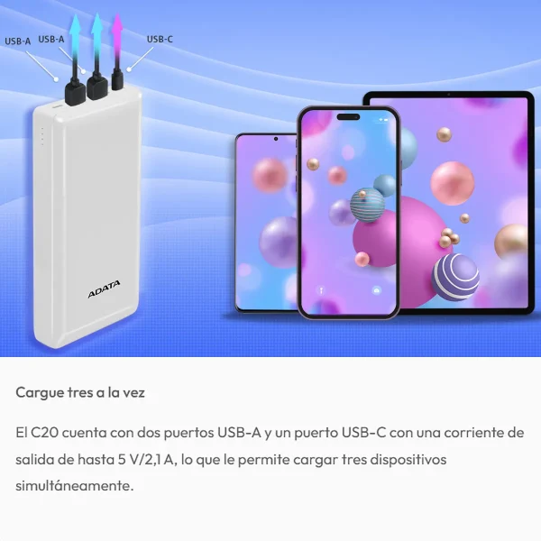 Adata C20, Cargador 20000mah Smart Power Bank Usb-c/a, Negro