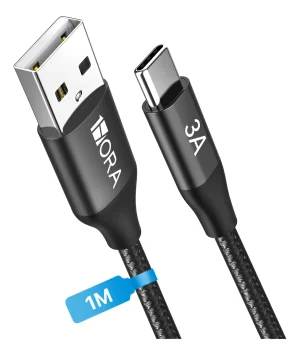 Cable USB a Tipo C 1Hora Cab262 1M 3A Nylon Reforzado Cable Carga Rapida Color Negro para iPhone, Samsung, POCO, Xiaomi, Redmi